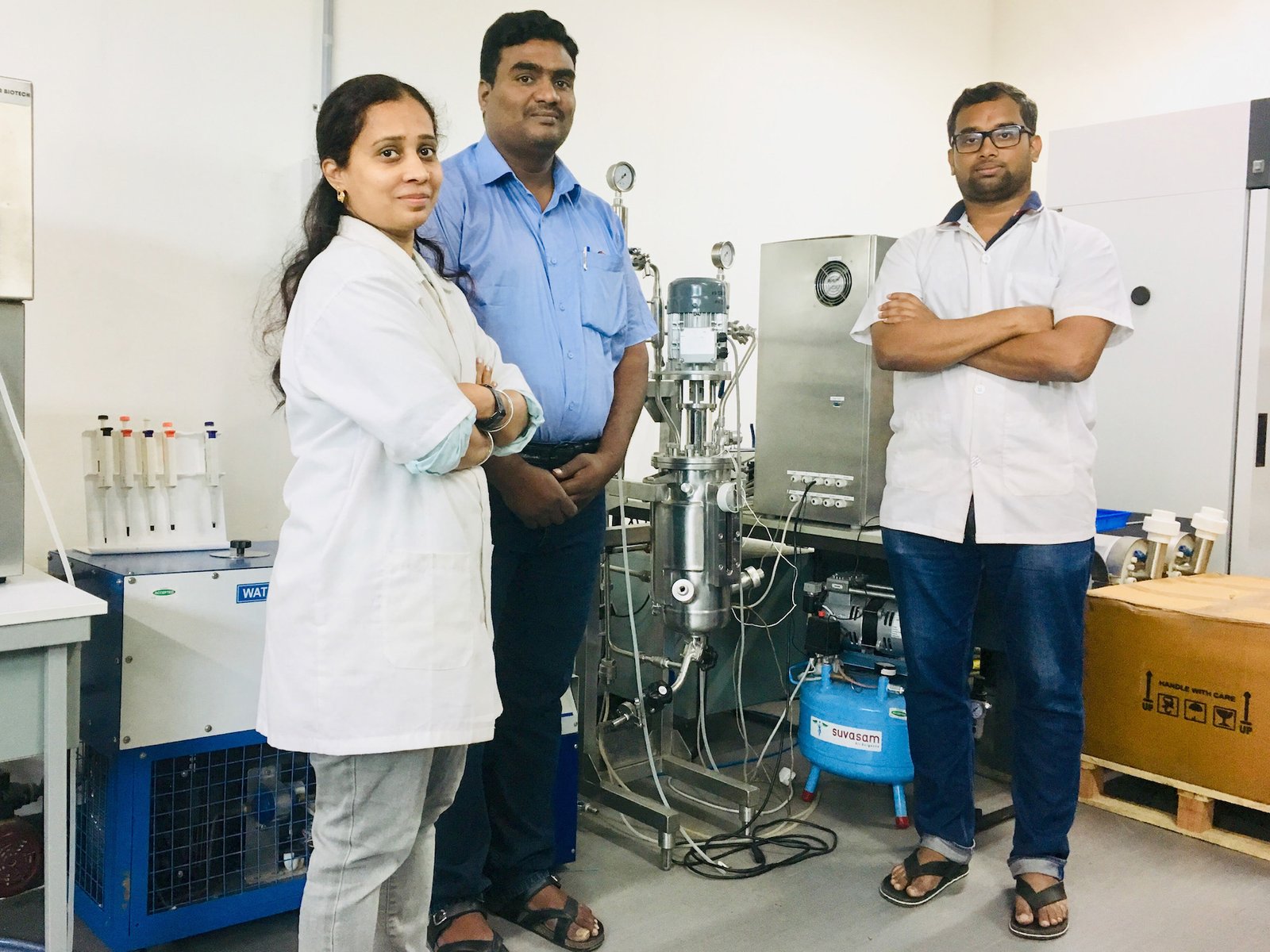 (L-R) Kruthi Doriya, Research Scholar, Dr.Devarai Santhosh Kumar, PI & Mr.Anup Ashok, Research Scholar at Industrial Bioprocess & Bio-Prospecting Lab