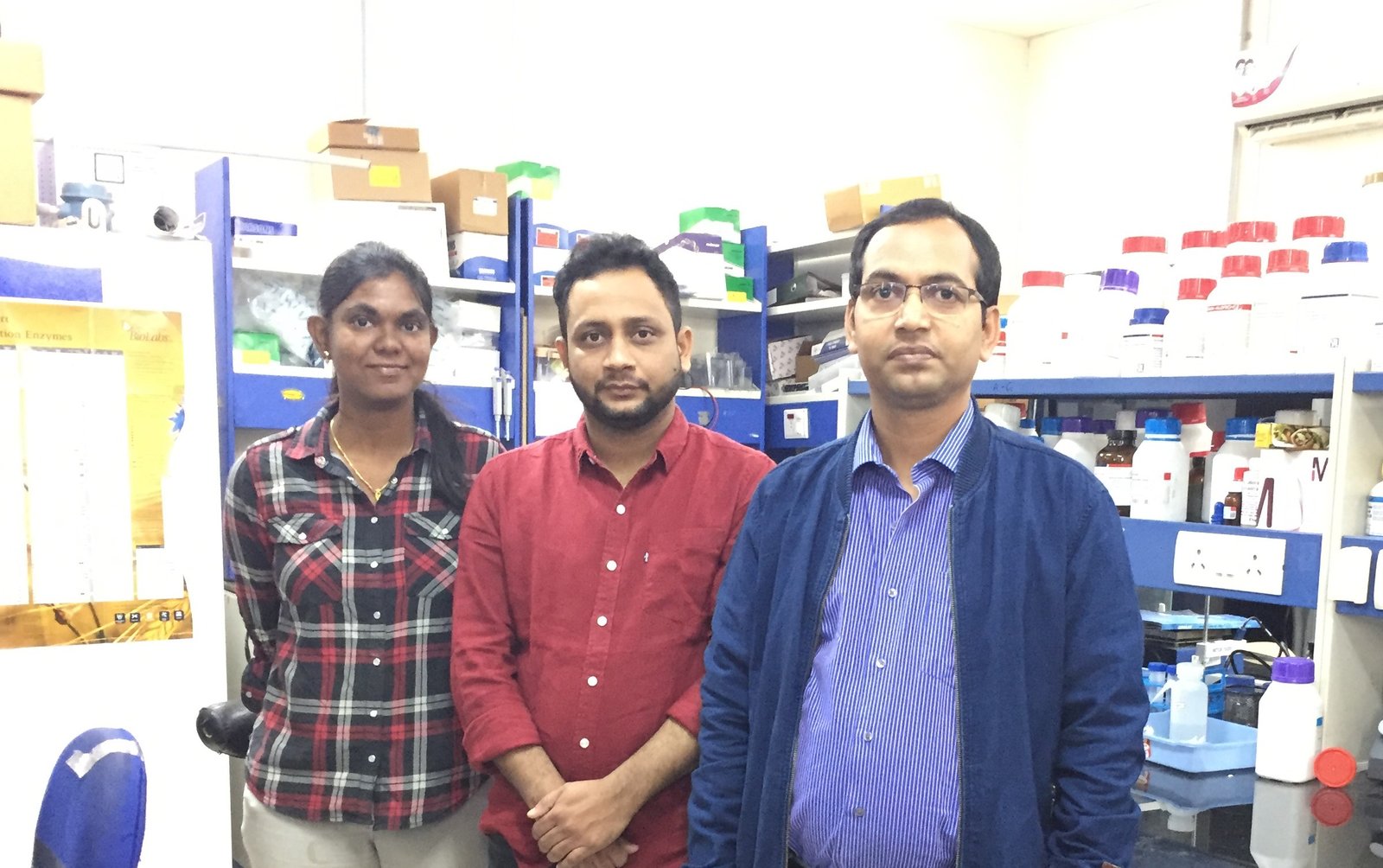 (L-R) IIT Hyderabad Research Scholars Vidhya Bharathi & Amandeep Girdhar with Dr. Basant Kumar Patel, Associate Professor, Dept of Biotechnology, IIT-H