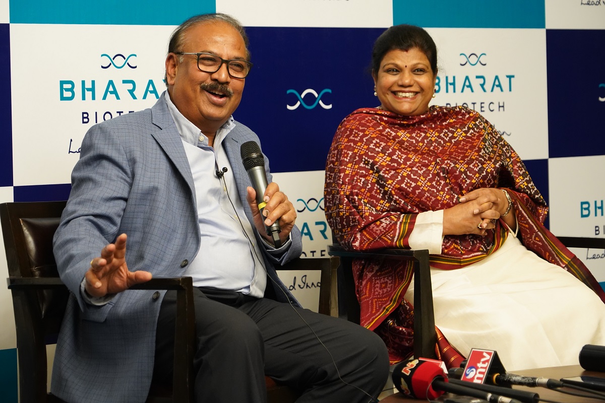 Dr Krishna Ella and Suchitra Ella addressing the media