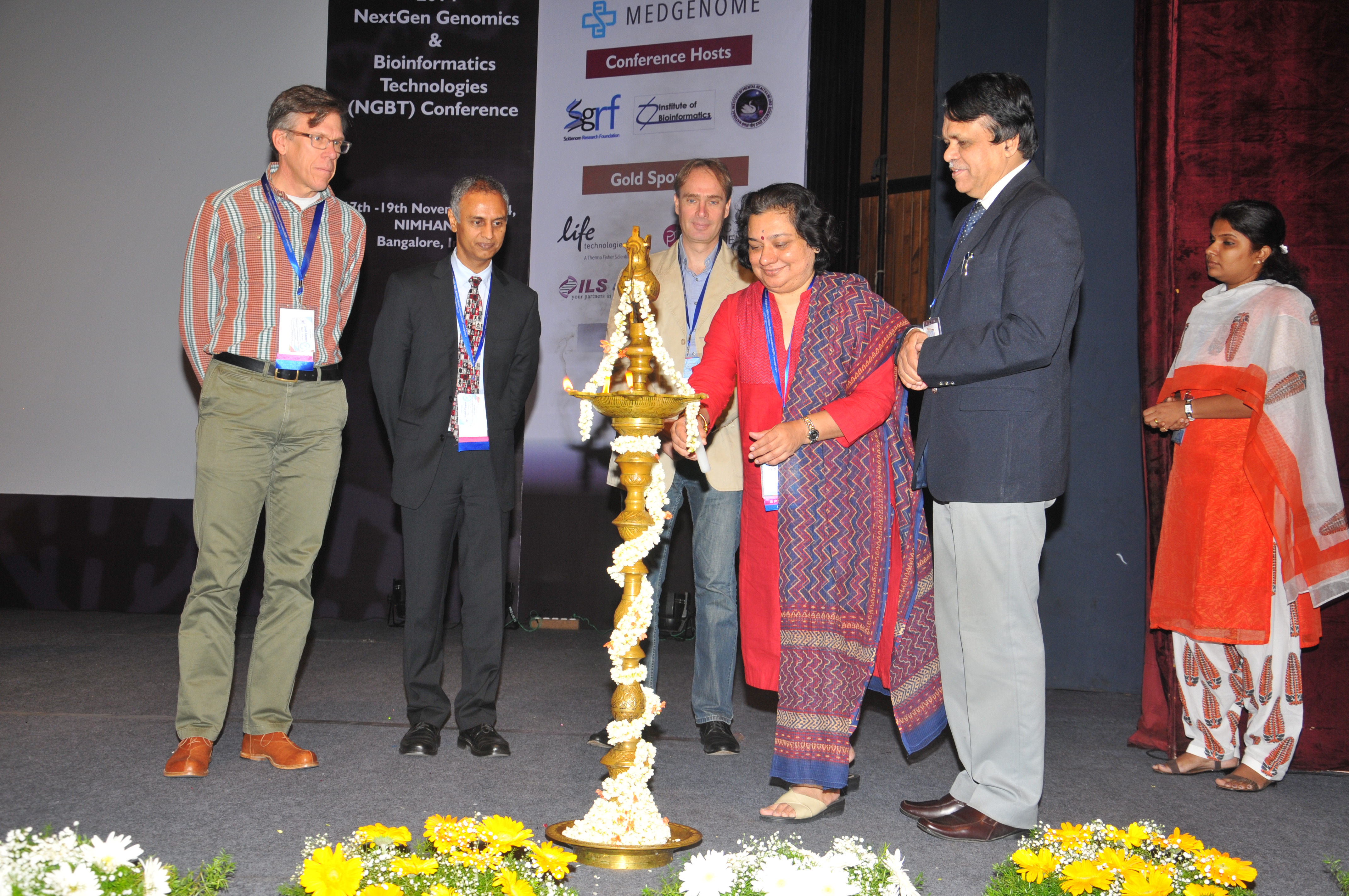 Lighting the lamp: (L-R) Dr Stephan C Schuster, research director, Nanyang Technological University (NTU), Singapore; Dr Akhilesh Pandey, professor, Johns Hopkins University, USA & founder, Institute of Bioinformatics (IOB), India; Dr Andrew Peterson, sen