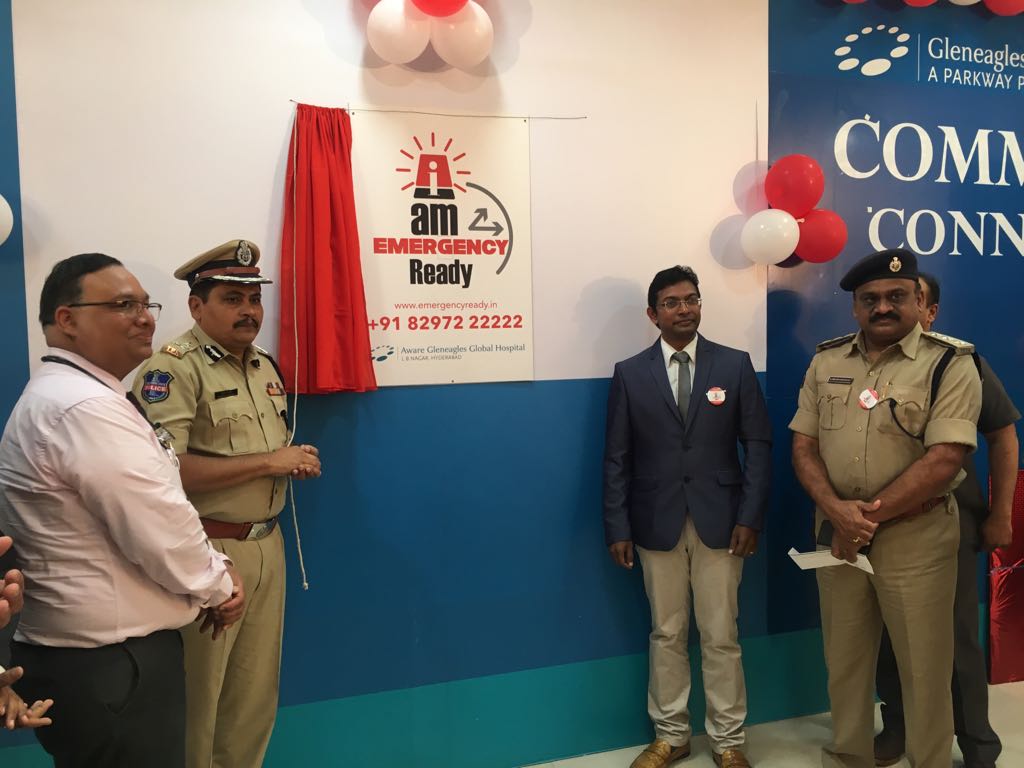 Dr Rajiv Garg, Senior Cardiologist, Aware Gleneagles Global Hospitals, Mr. Mahesh M Bhagwat, Commissioner of Police, Rachakonda  unveiling the logo of “I am Emergency Ready”, Mr B Girish Babu, CEO, Aware Gleneagles Global Hospitals