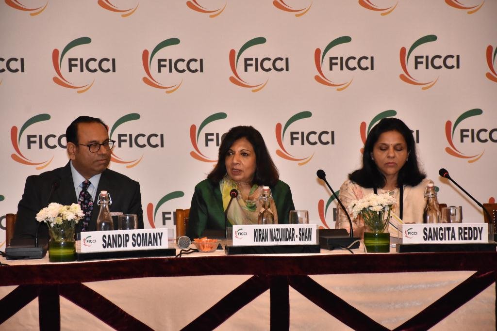 Sandeep Somany, President FICCI; Kiran Mazumdar Shaw, Chairperson, Biocon Limited; Sangita Reddy, Sr Vice President FICCI at FICCI NCM