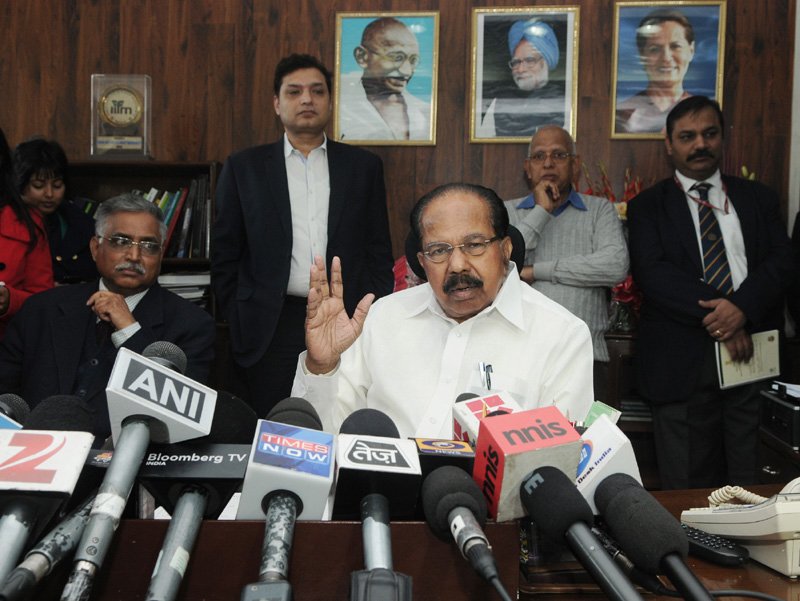 The union minister for petroleum and natural gas, Dr M Veerappa Moily briefed the media after taking additional charge of ministry of environment and forests, in New Delhi on December 24, 2013.
